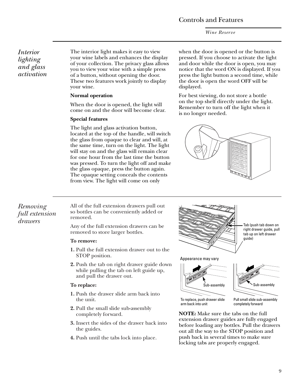 Removing full extension drawers, Interior lighting and glass activation, Controls and features | GE Monogram ZDWT240 User Manual | Page 9 / 20