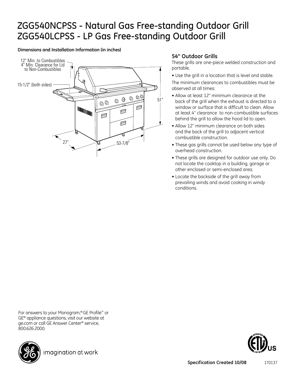 GE Monogram ZGG540NCPSS User Manual | 2 pages