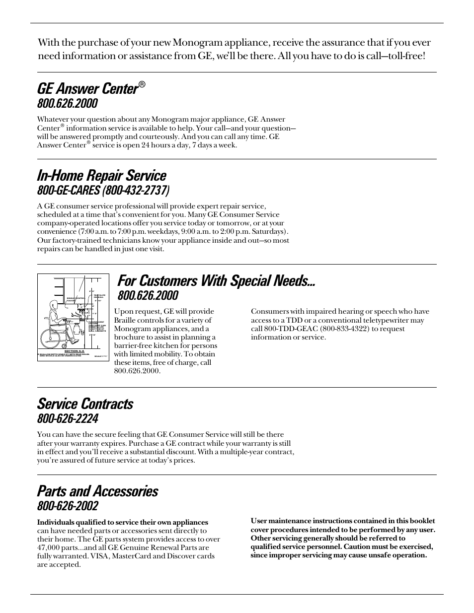 Consumer services, Problem solver, In-home repair service | Ge answer center, Service contracts, Parts and accessories, For customers with special needs | GE Monogram ZMC1090 Series User Manual | Page 34 / 36