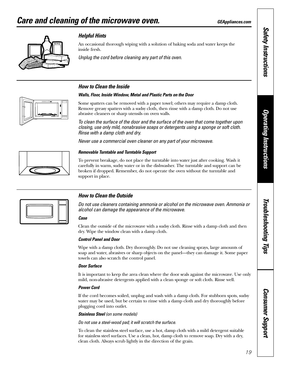 Care and cleaning, Care and cleaning of the microwave oven | GE Monogram JES1142SJ User Manual | Page 19 / 24