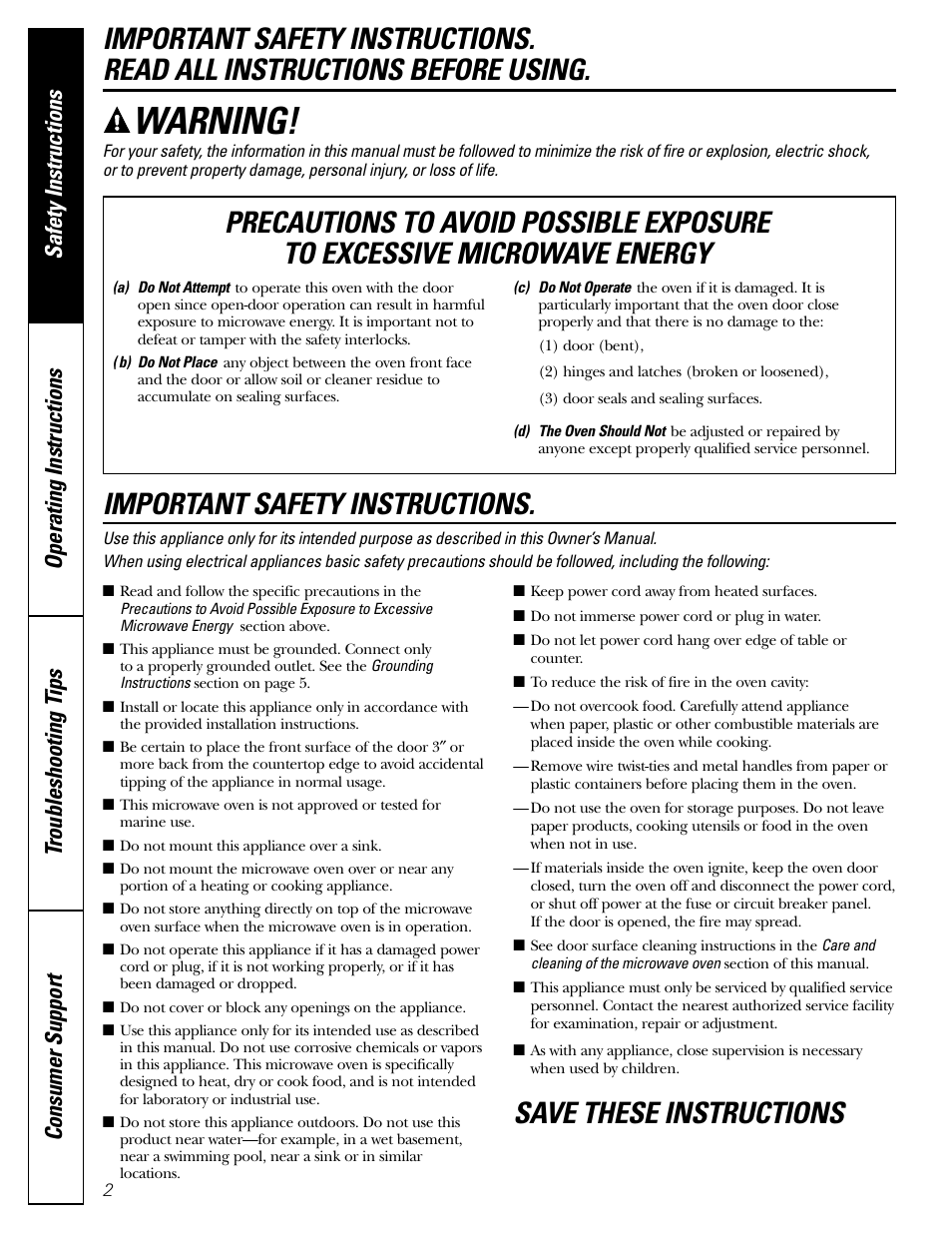 Safety instructions, Warning, Save these instructions | GE Monogram JES1142SJ User Manual | Page 2 / 24