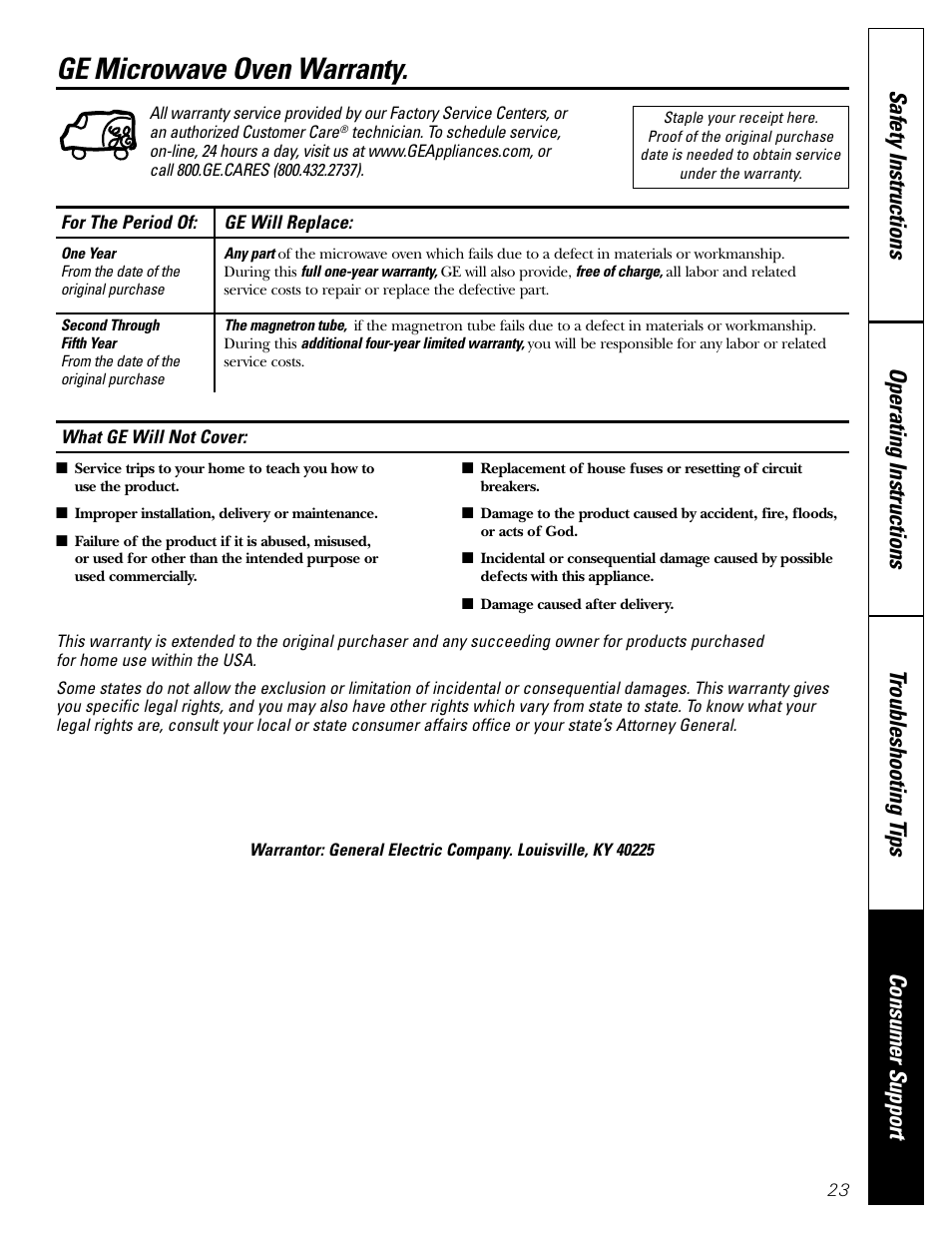 Warranty, Ge microwave oven warranty | GE Monogram JES1142SJ User Manual | Page 23 / 24