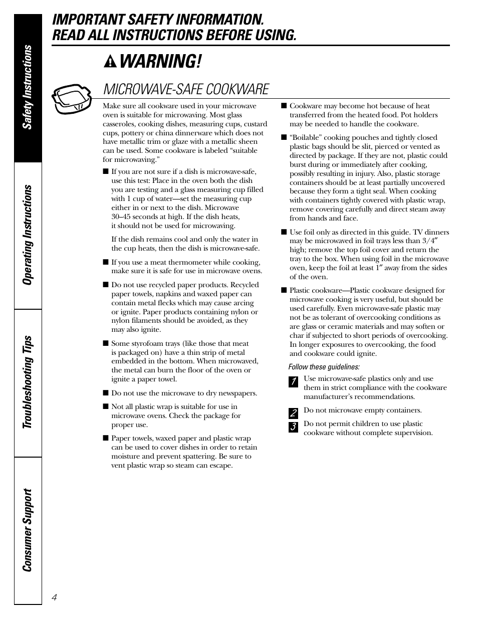 Warning | GE Monogram JES1142SJ User Manual | Page 4 / 24