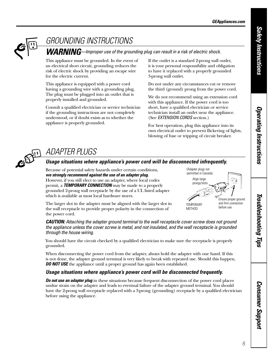 Adapter plugs, Grounding instructions, Warning | GE Monogram JES1142SJ User Manual | Page 5 / 24