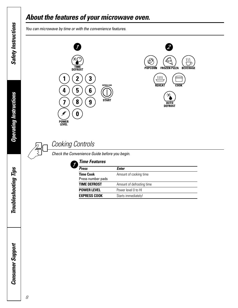 Cooking controls, About the features of your microwave oven | GE Monogram JES1142SJ User Manual | Page 8 / 24