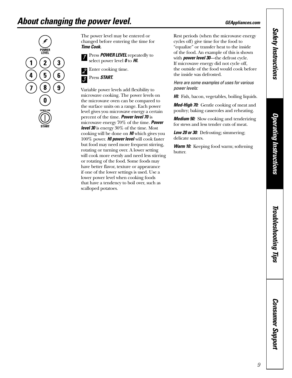 Power levels, About changing the power level | GE Monogram JES1142SJ User Manual | Page 9 / 24