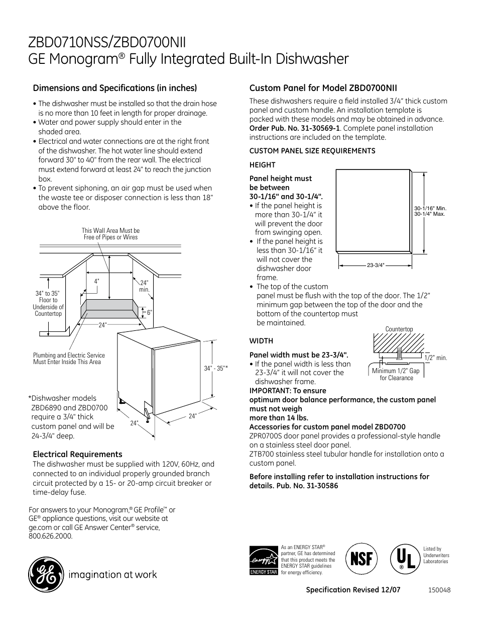 GE Monogram ZBd0700NII User Manual | 3 pages