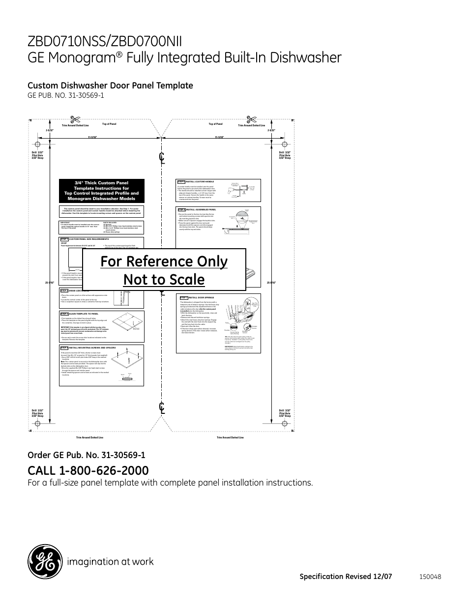 Fully integrated built-in dishwasher, For reference only not to scale, Custom dishwasher door panel template | Specification revised 12/07 | GE Monogram ZBd0700NII User Manual | Page 2 / 3