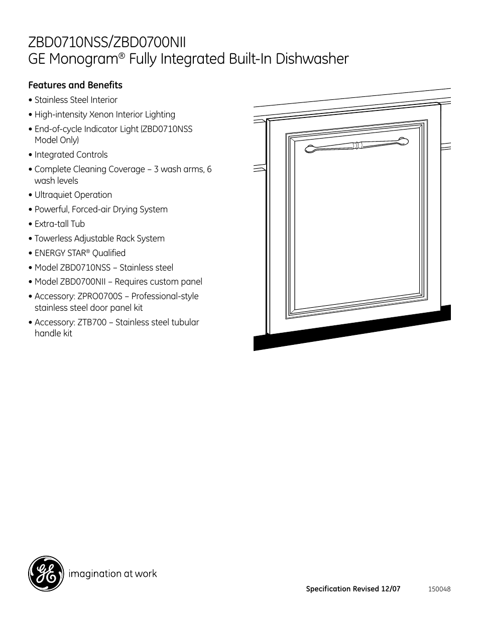 Fully integrated built-in dishwasher | GE Monogram ZBd0700NII User Manual | Page 3 / 3