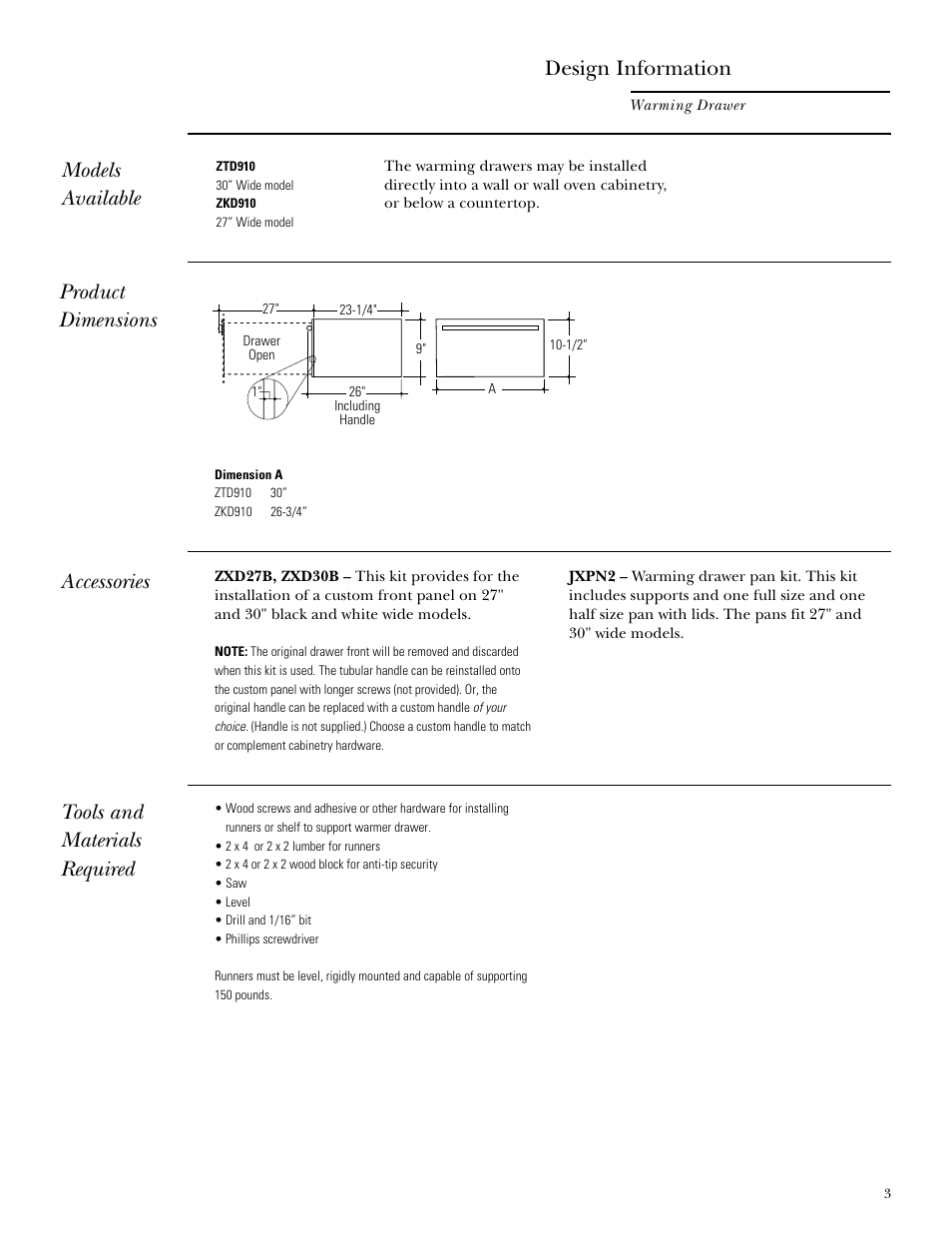 Models available, Product dimensions, Accessories | Tools and materials required, Design information | GE Monogram ZKD910 User Manual | Page 3 / 8