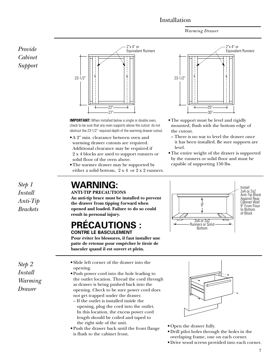 Step 2: install warming drawer, Warning, Précautions | Installation, Step 2 install warming drawer | GE Monogram ZKD910 User Manual | Page 7 / 8