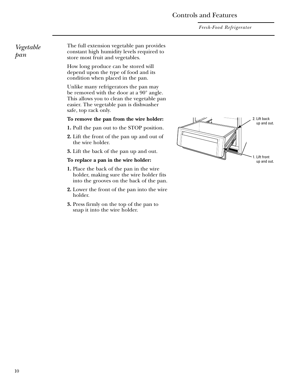 Controls and features, Vegetable pan | GE Monogram ZIFS240 User Manual | Page 10 / 20