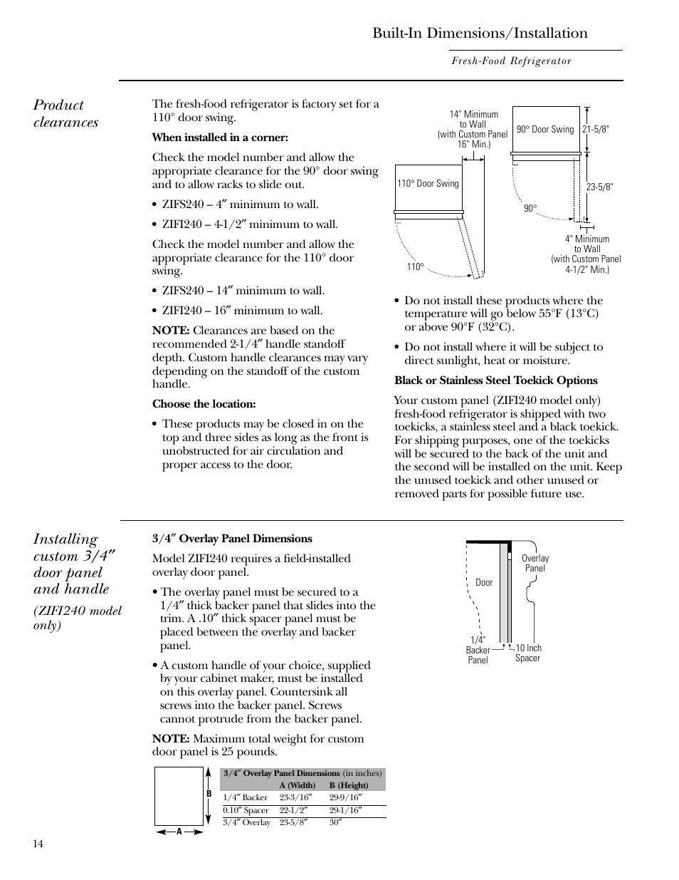 Installation instructions, Installation instructions , 15, Product clearances | Built-in dimensions/installation, Installing custom 3/4 ″ door panel and handle | GE Monogram ZIFS240 User Manual | Page 14 / 20