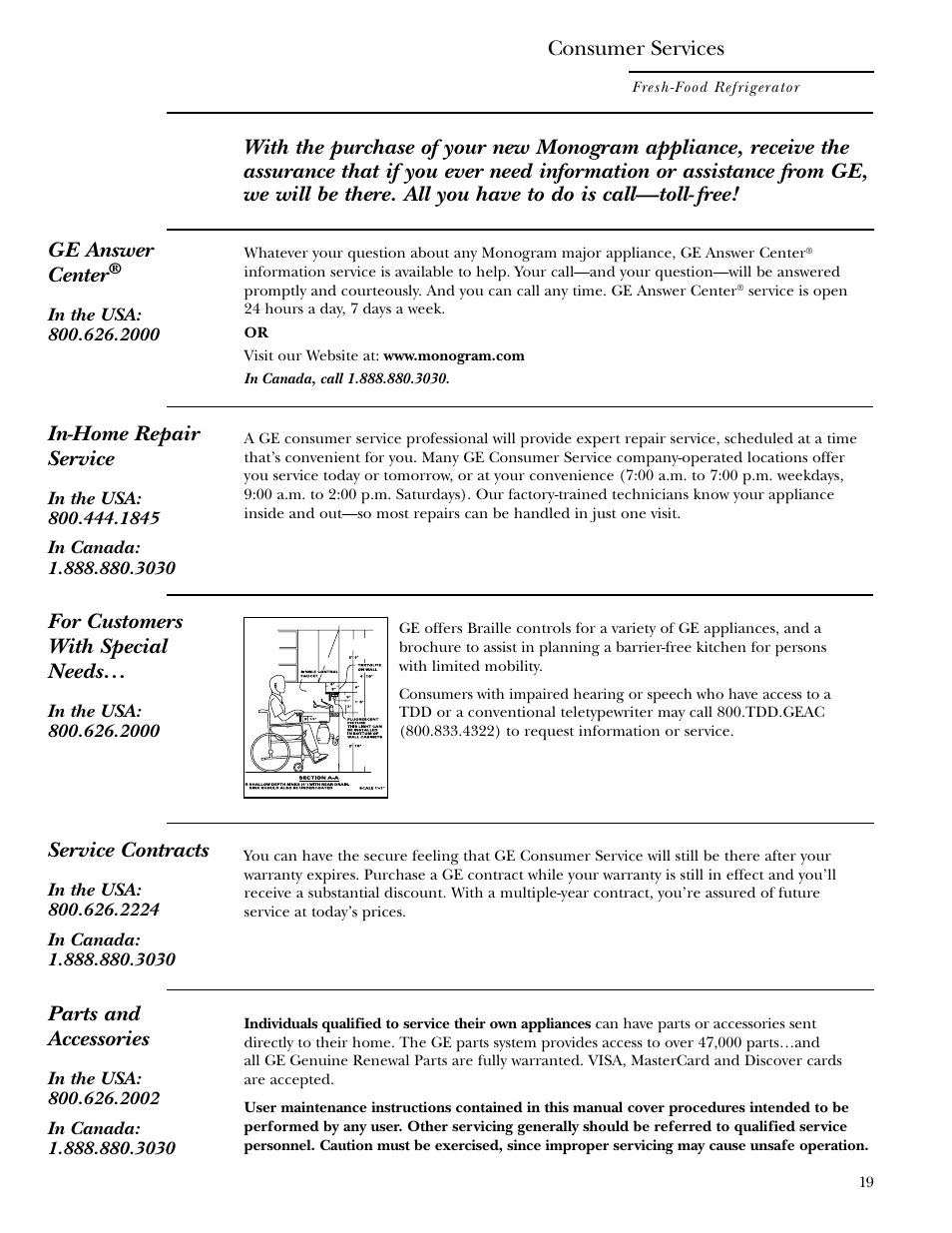 Consumer services, Repair service, Repair service , 19 | In-home repair service, Service contracts, Parts and accessories, For customers with special needs | GE Monogram ZIFS240 User Manual | Page 19 / 20