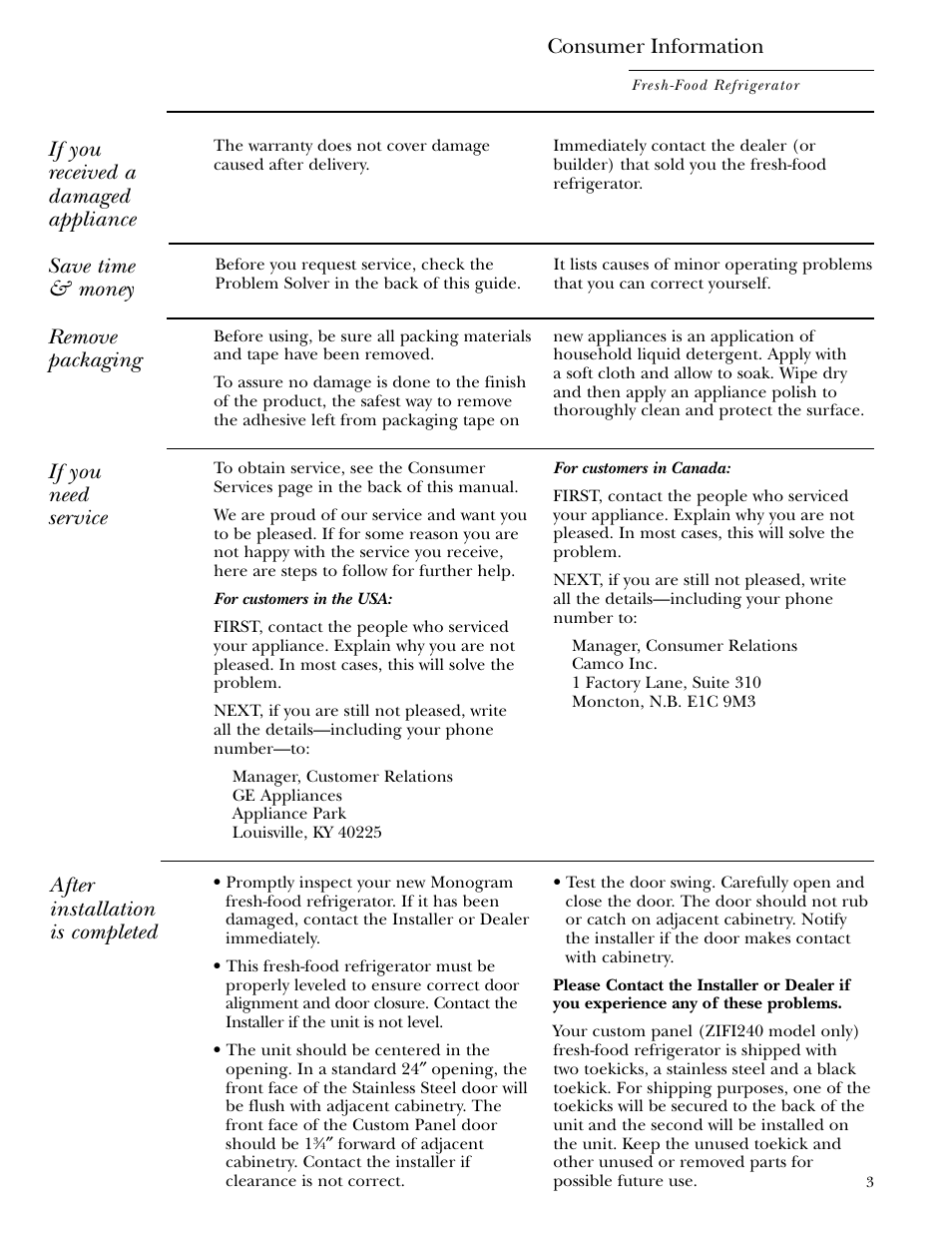 If you received a damaged appliance, If you need service, Consumer information | After installation is completed, Remove packaging, Save time & money | GE Monogram ZIFS240 User Manual | Page 3 / 20