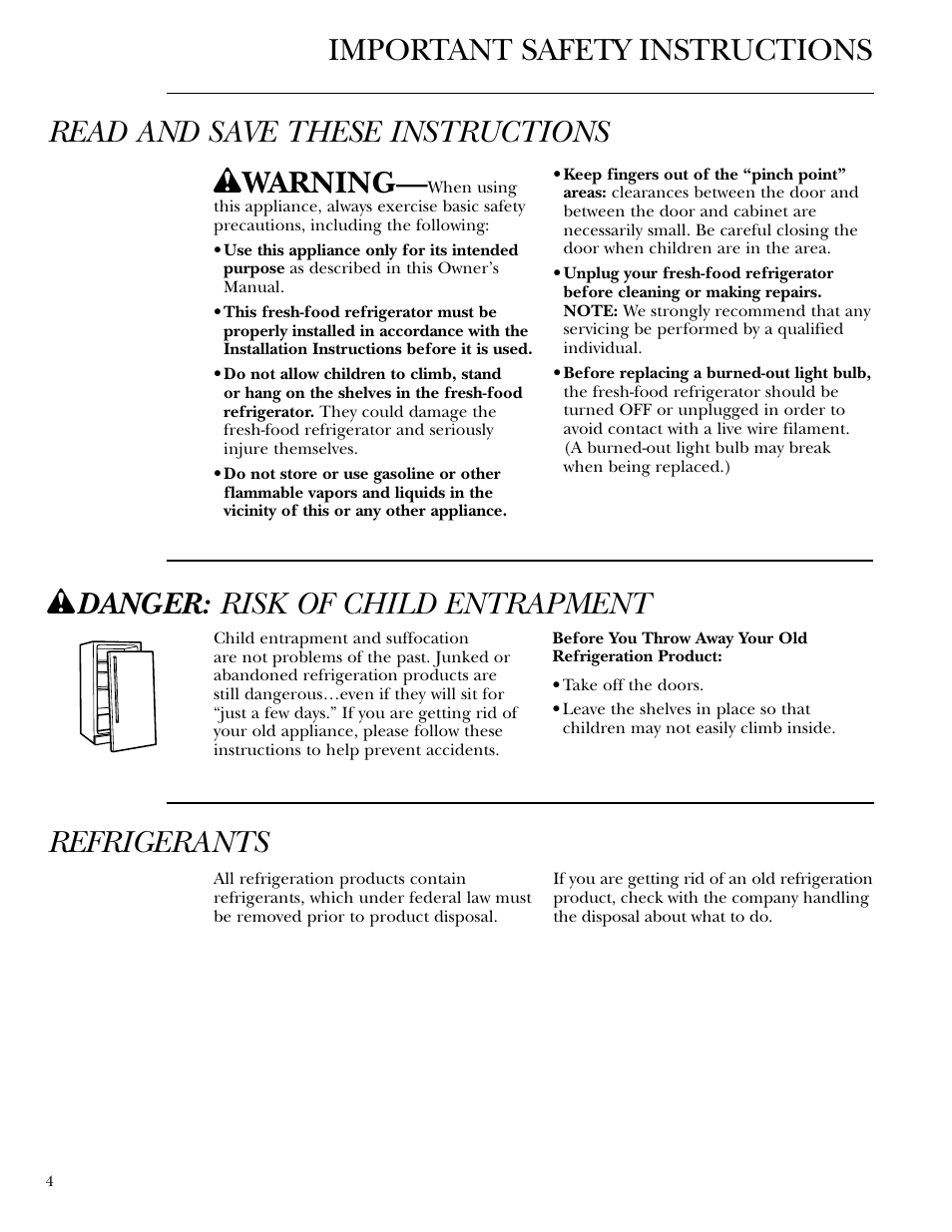 Safety instructions, Refrigerants, W warning | W danger: risk of child entrapment | GE Monogram ZIFS240 User Manual | Page 4 / 20