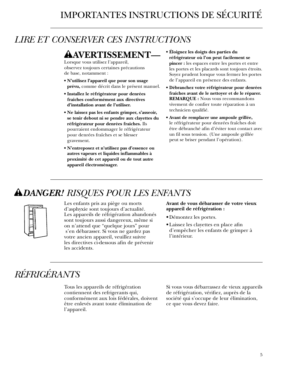W danger! risques pour les enfants, Réfrigérants, W avertissement | GE Monogram ZIFS240 User Manual | Page 5 / 20
