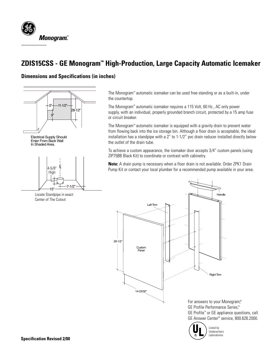 Zdis15css - ge monogram, High-production, large capacity automatic icemaker, Monogram | Dimensions and specifications (in inches) | GE Monogram MONOGRAM ZDIS15CSS User Manual | Page 2 / 3