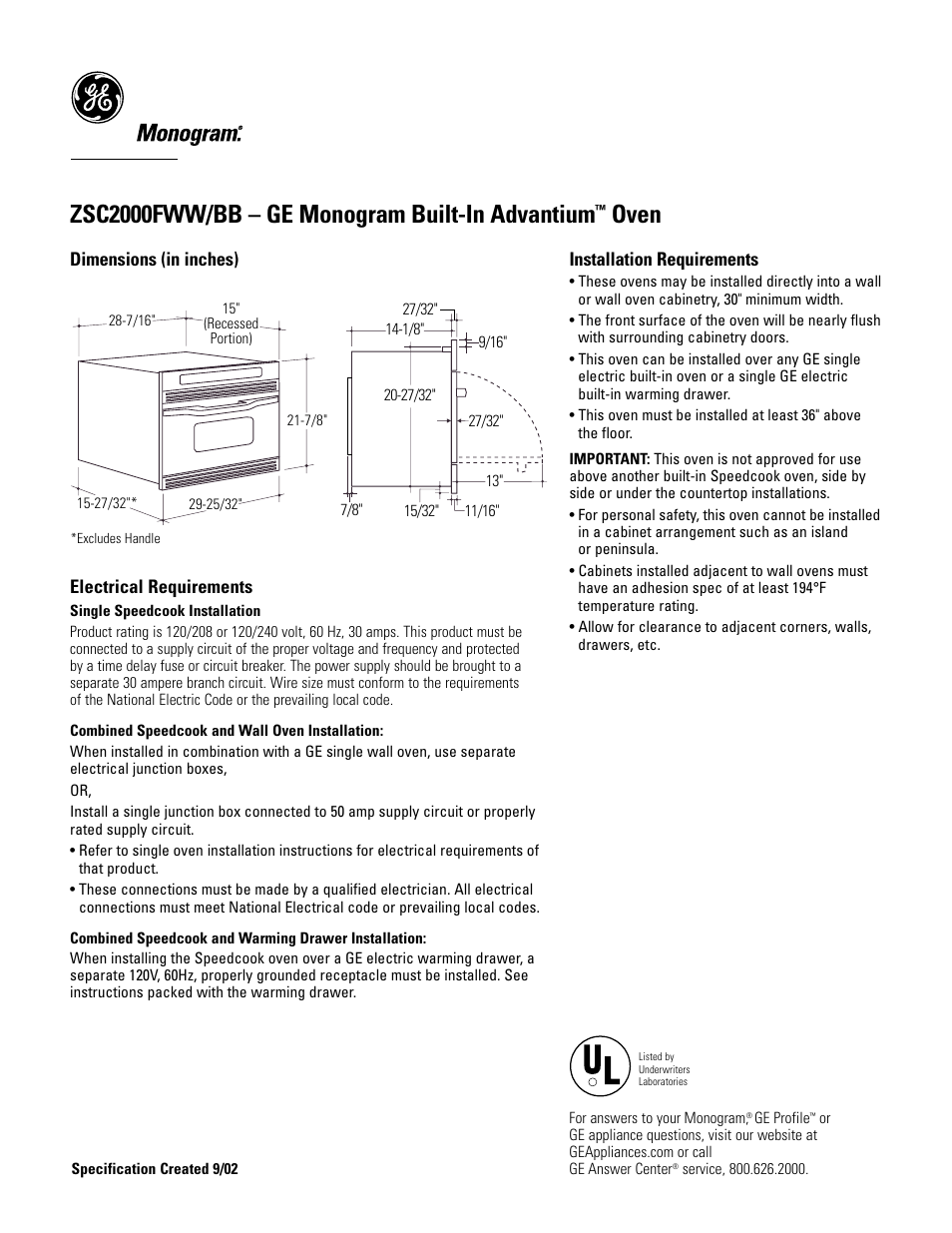 GE Monogram MONOGRAM ZSC2000FWW/BB User Manual | 3 pages