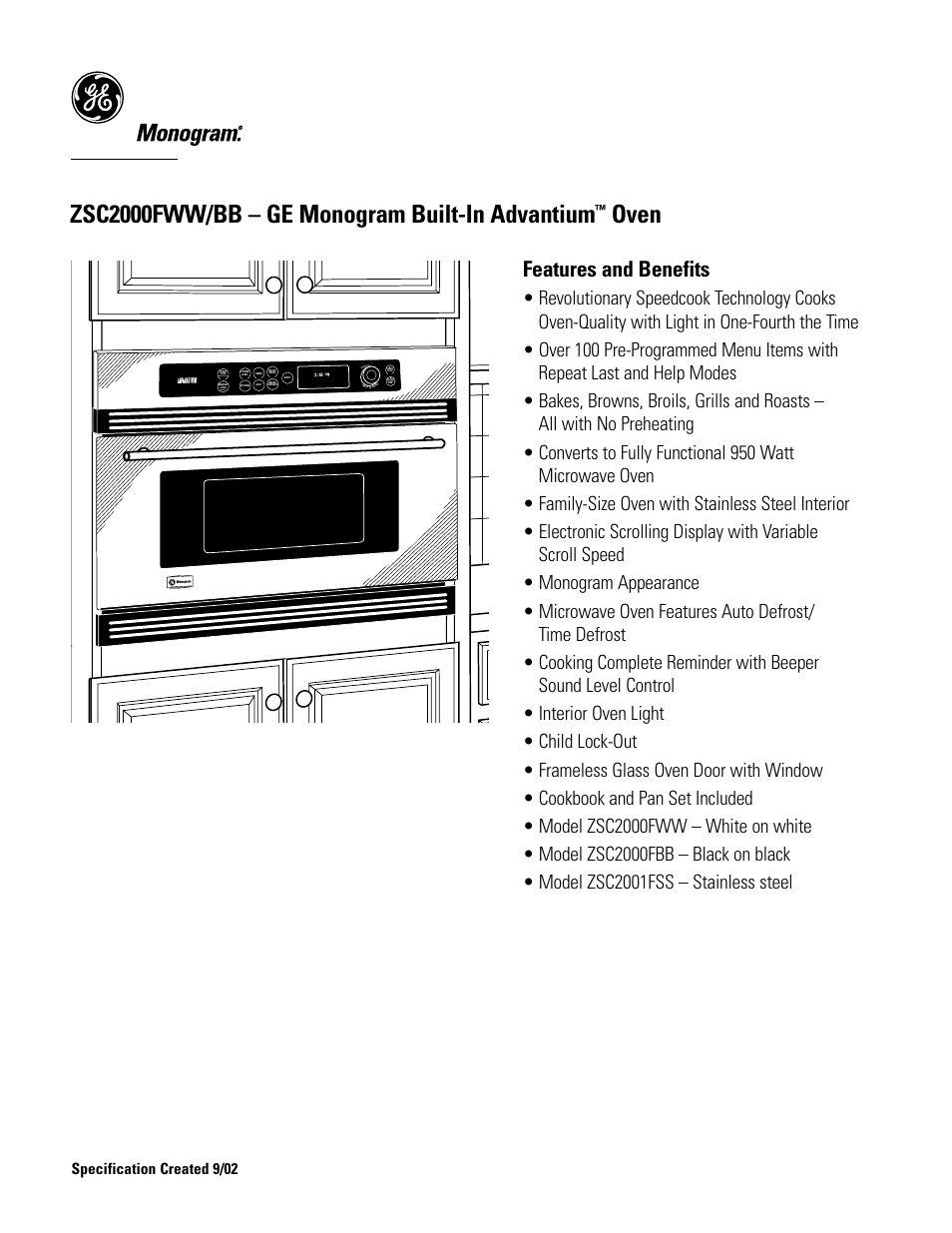 Zsc2000fww/bb – ge monogram built-in advantium, Oven, Features and benefits | Specification created 9/02 | GE Monogram MONOGRAM ZSC2000FWW/BB User Manual | Page 3 / 3