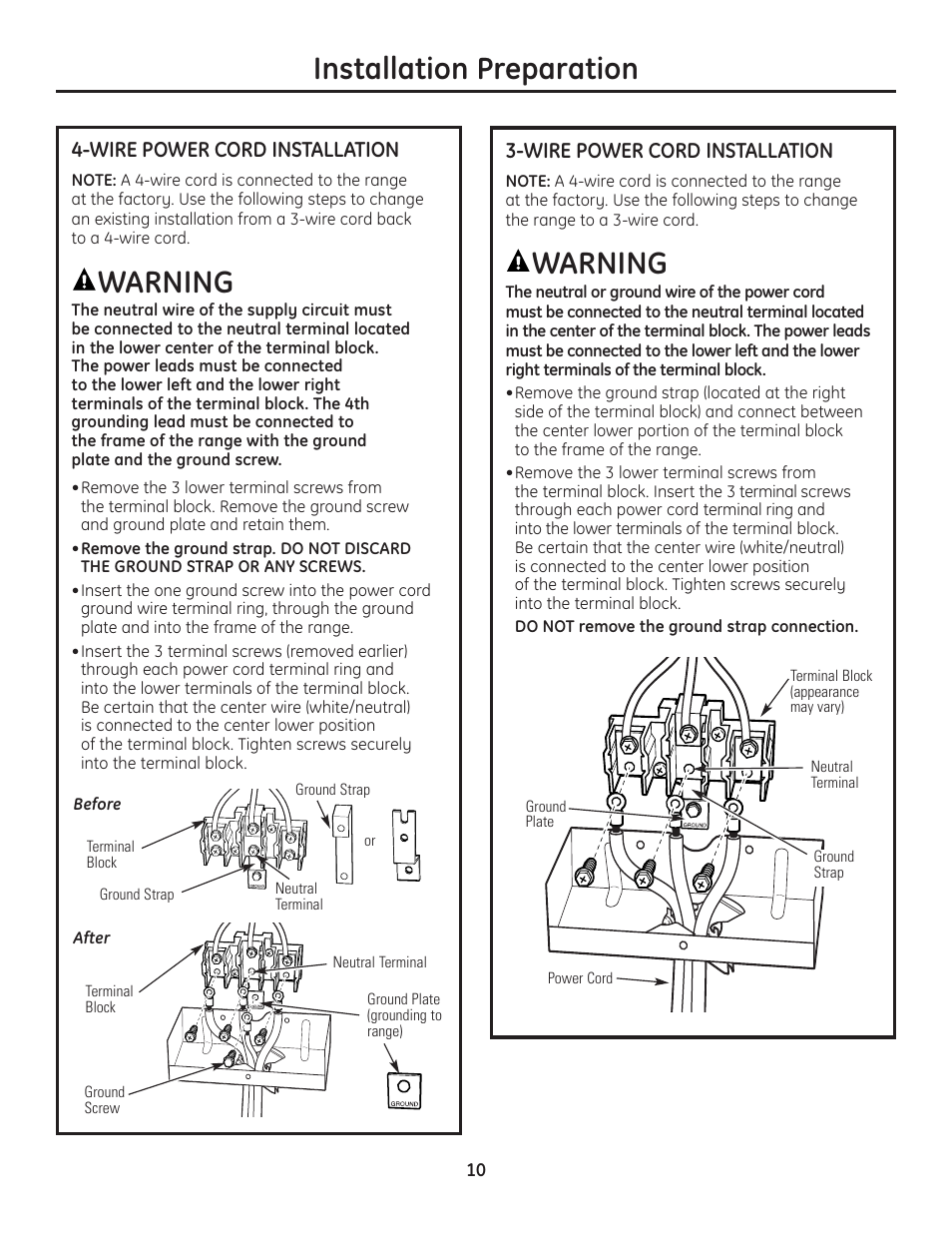 Installation preparation, Warning | GE Monogram Range User Manual | Page 10 / 68