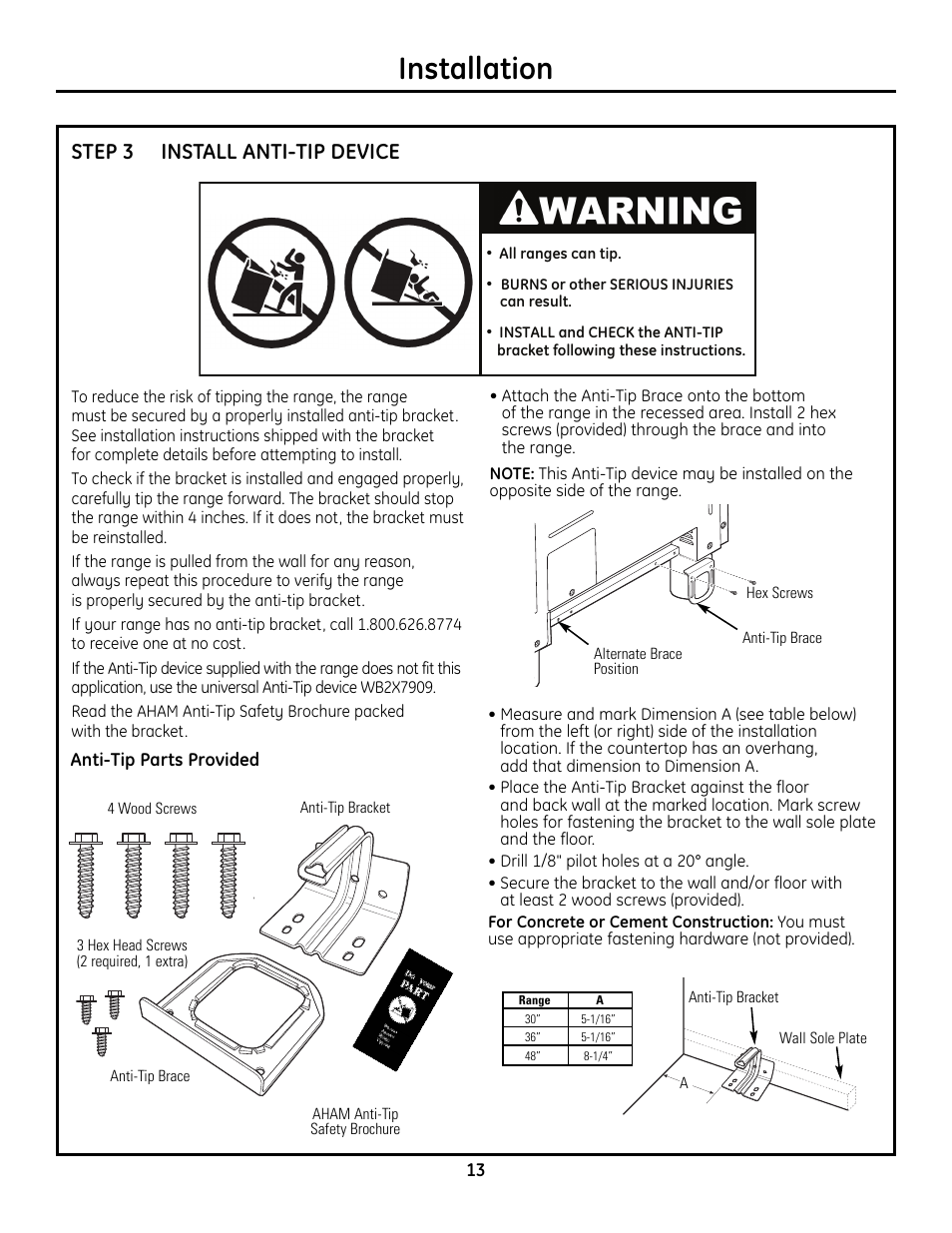 Step 3, install anti-tip device, Installation, Install anti-tip device step 3 | GE Monogram Range User Manual | Page 13 / 68