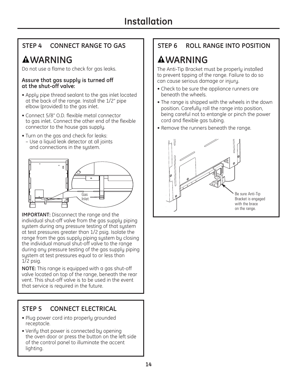 Step 4, connect range to gas, Step 5, connect electrical, Step 6, roll range into position | Warning, Installation | GE Monogram Range User Manual | Page 14 / 68