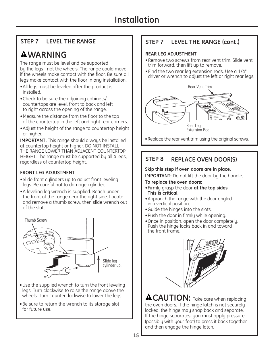 Step 7, level the range, Step 8, replace oven doors, Step 7, level the range step 8, replace oven doors | Caution, Installation, Warning | GE Monogram Range User Manual | Page 15 / 68