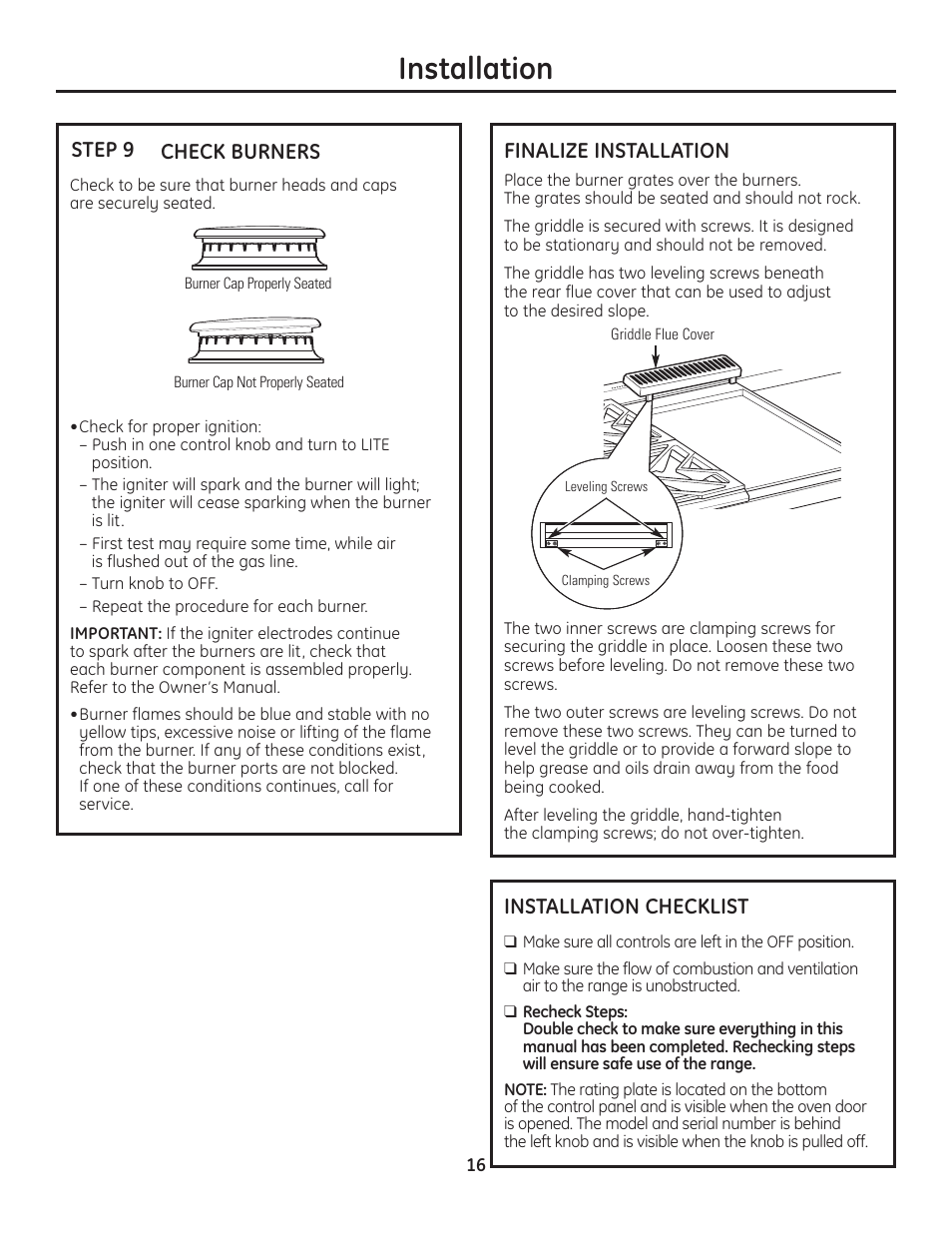 Step 9, check burners, Finalize installation, Installation checklist | Installation, Check burners, Step 9 | GE Monogram Range User Manual | Page 16 / 68