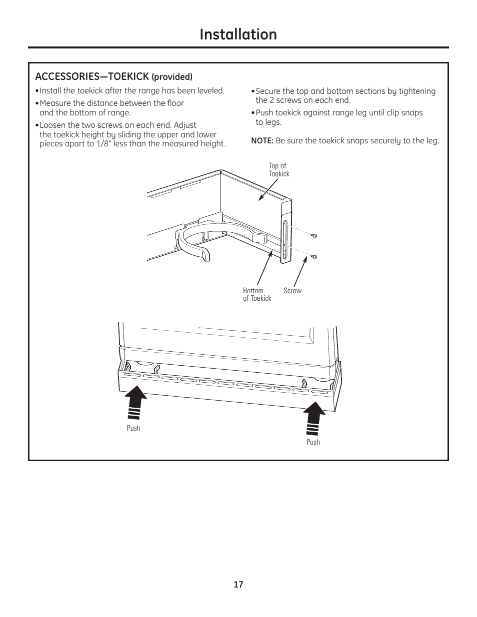 Accessories, Installation, Accessories—toekick | GE Monogram Range User Manual | Page 17 / 68