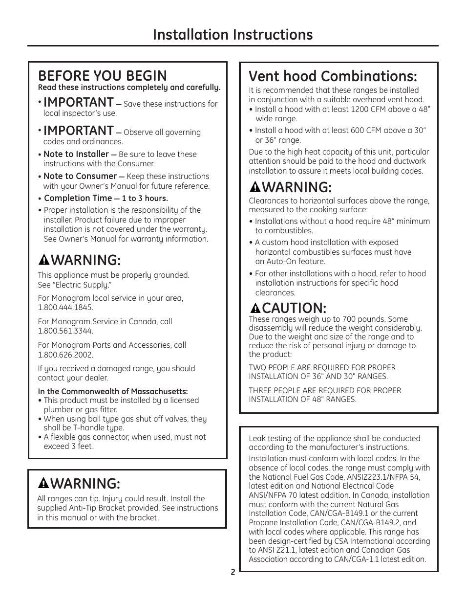 Installation instructions before you begin, Warning, Vent hood combinations | Caution, Important | GE Monogram Range User Manual | Page 2 / 68