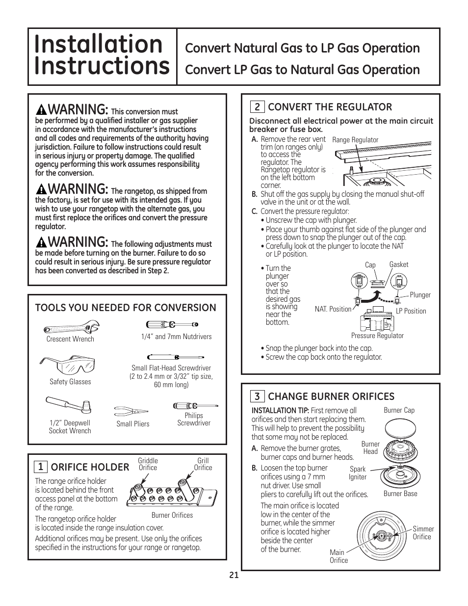 Gas conversion, Gas conversion -23, Installation | Instructions, Warning, Convert natural gas to lp gas operation, Convert lp gas to natural gas operation, 2change burner orifices, Orifice holder | GE Monogram Range User Manual | Page 21 / 68