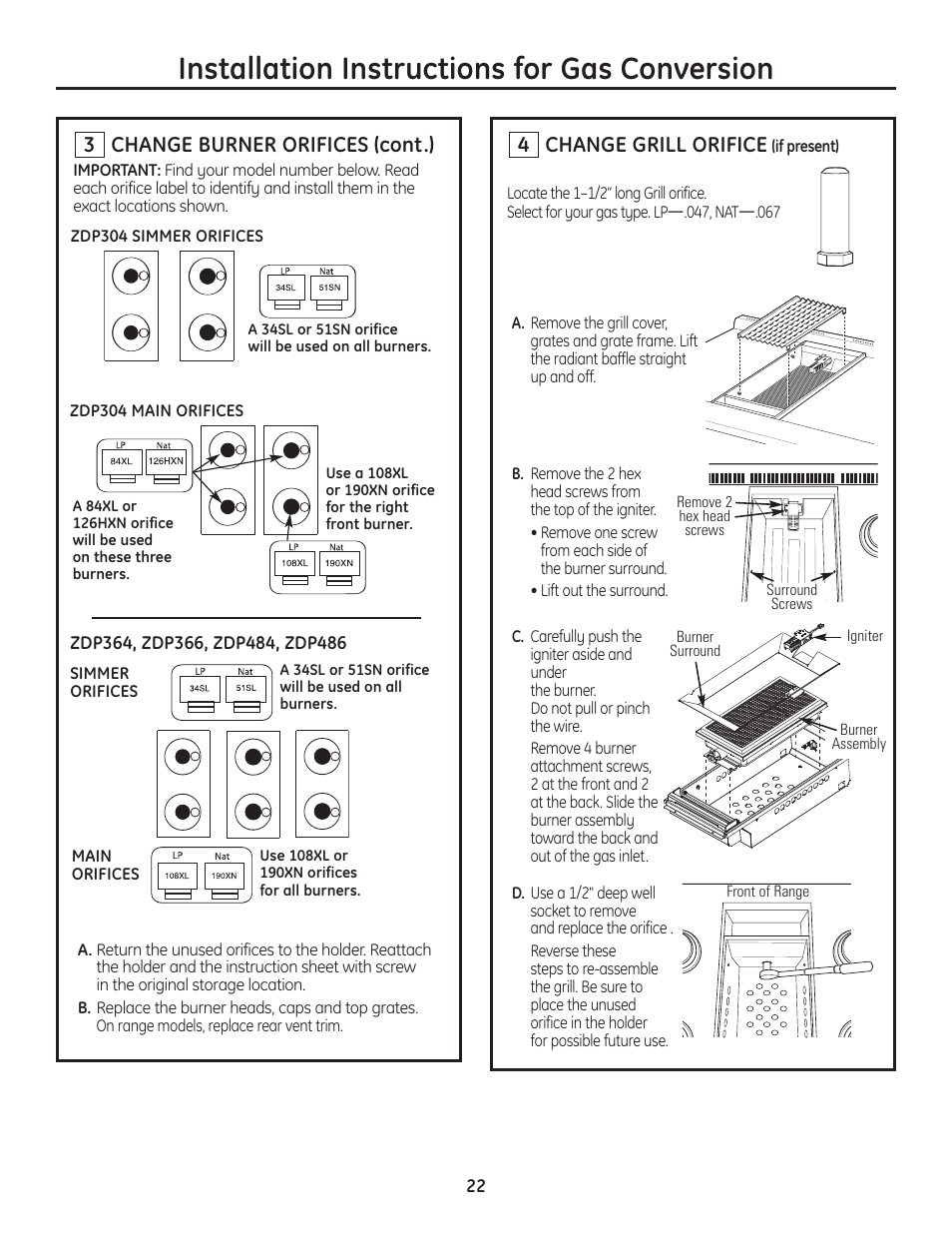 Installation instructions for gas conversion, Change grill orifice, Change burner orifices (cont.) | GE Monogram Range User Manual | Page 22 / 68