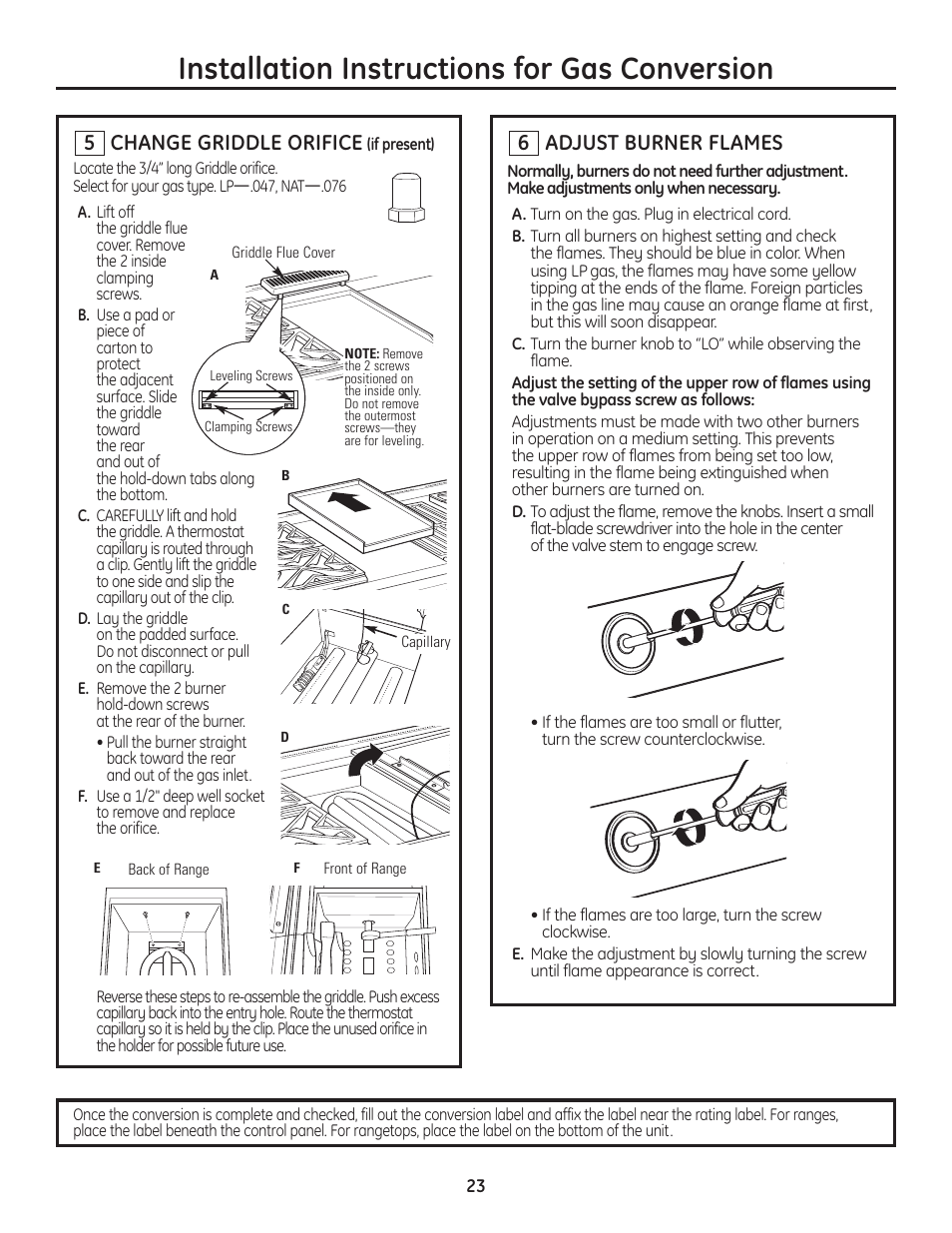 Installation instructions for gas conversion, Change griddle orifice, Adjust burner flames | GE Monogram Range User Manual | Page 23 / 68