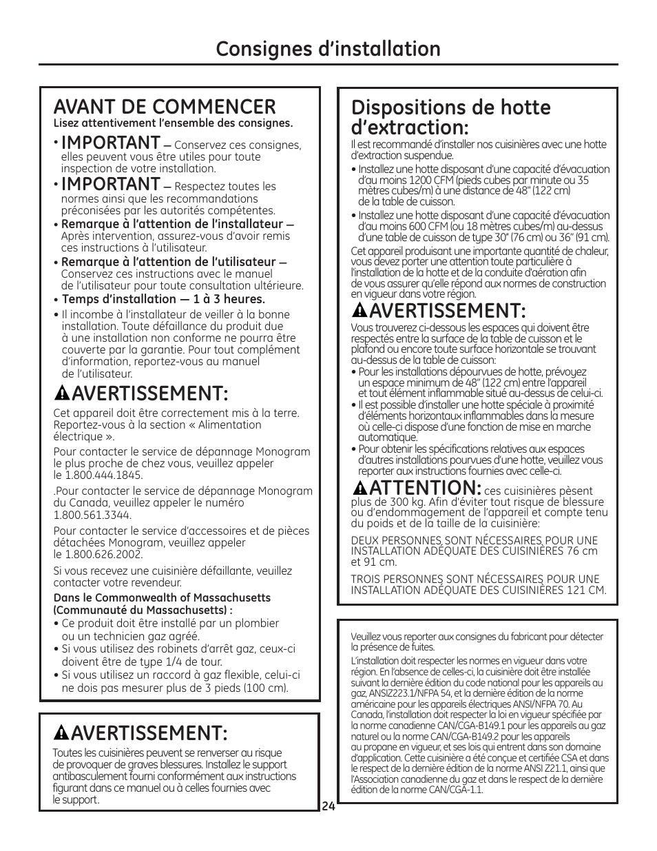 Consignes d’installation avant de commencer, Avertissement, Dispositions de hotte d’extraction | Attention, Important | GE Monogram Range User Manual | Page 24 / 68