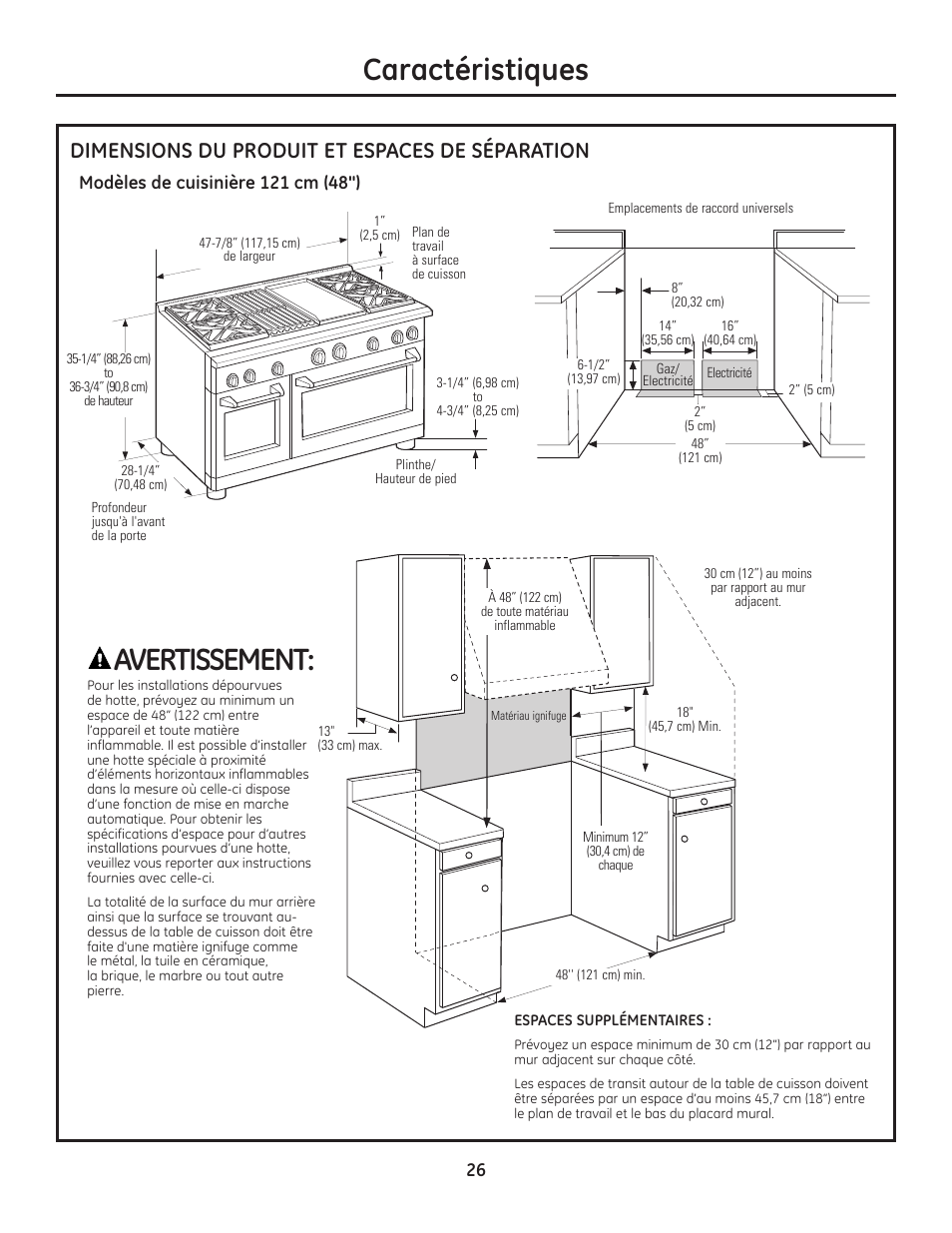 Dimensions du produit et espaces requis, Dimensions du produit et espaces requis -29, Caractéristiques | Avertissement, Dimensions du produit et espaces de séparation | GE Monogram Range User Manual | Page 26 / 68