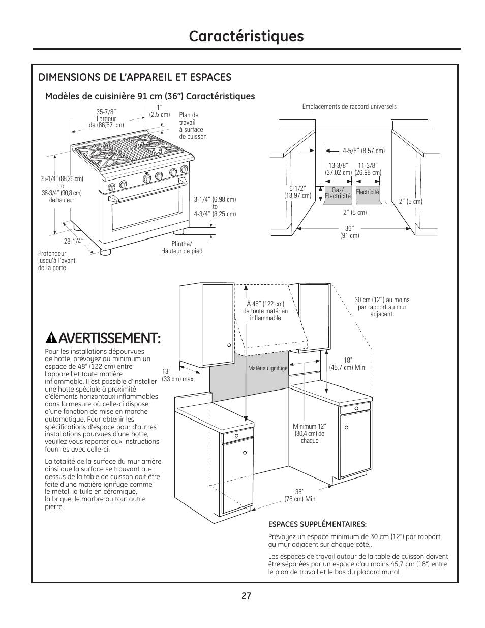 Caractéristiques, Avertissement, Dimensions de l’appareil et espaces | GE Monogram Range User Manual | Page 27 / 68