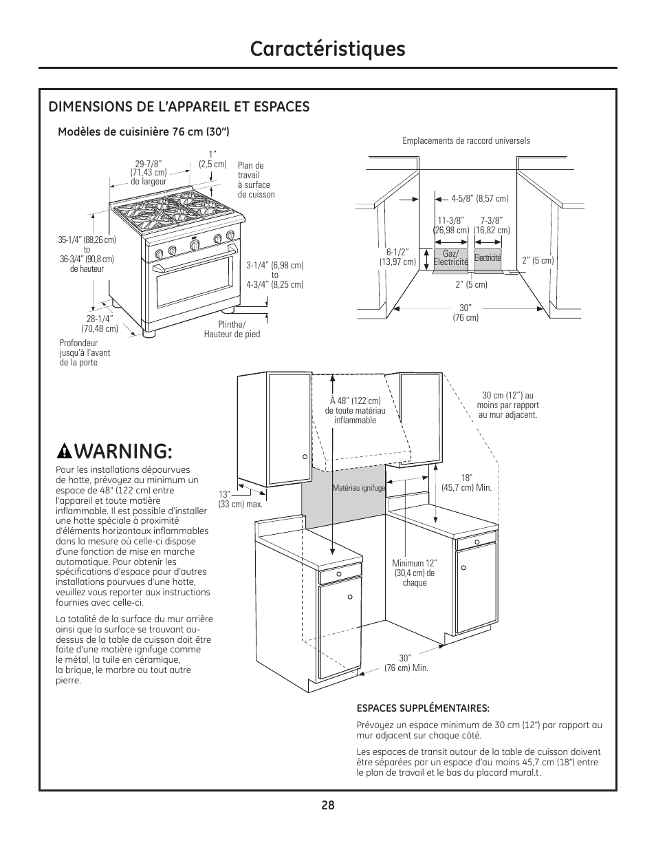 Caractéristiques, Warning, Dimensions de l’appareil et espaces | GE Monogram Range User Manual | Page 28 / 68