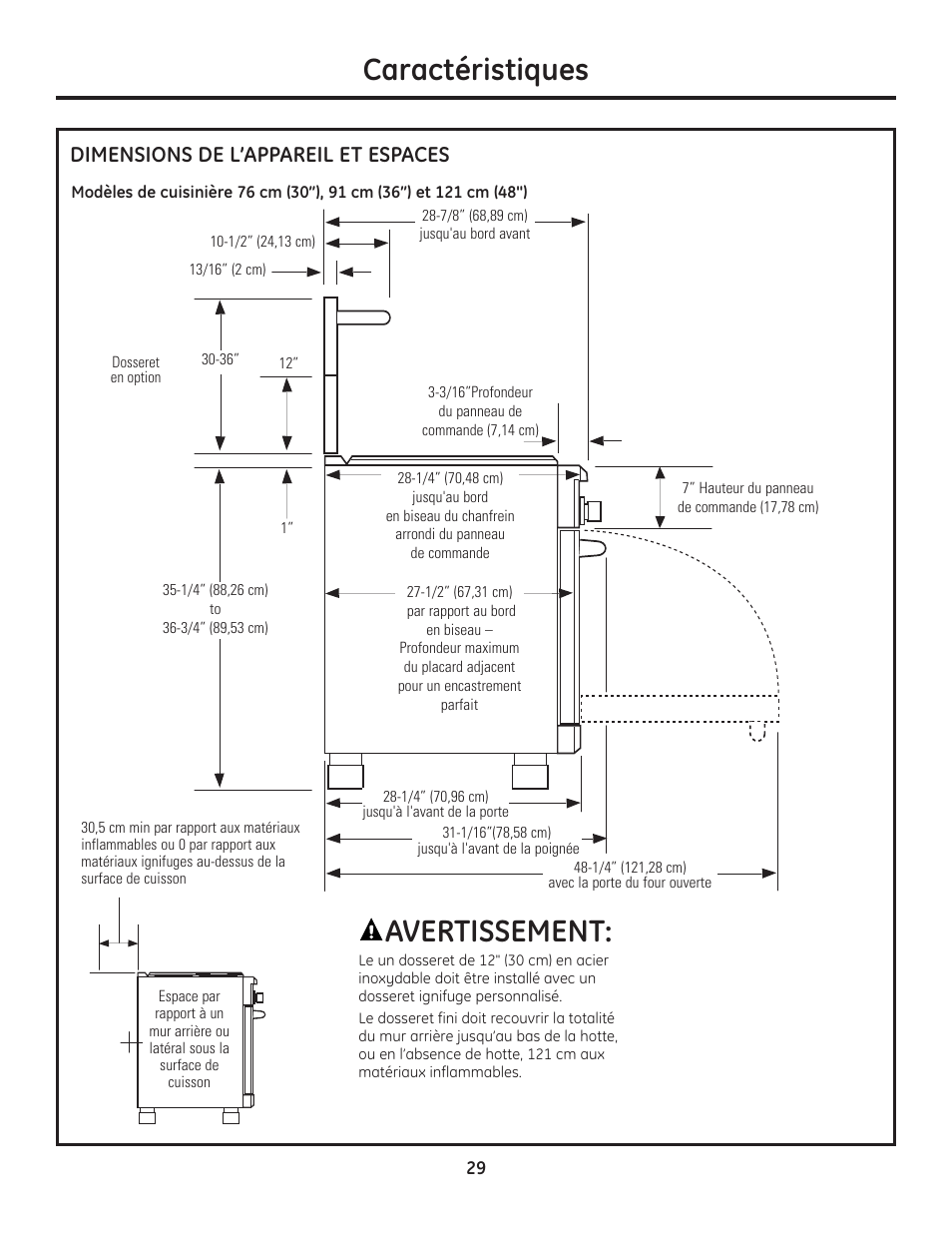 Caractéristiques, Avertissement, Dimensions de l’appareil et espaces | GE Monogram Range User Manual | Page 29 / 68