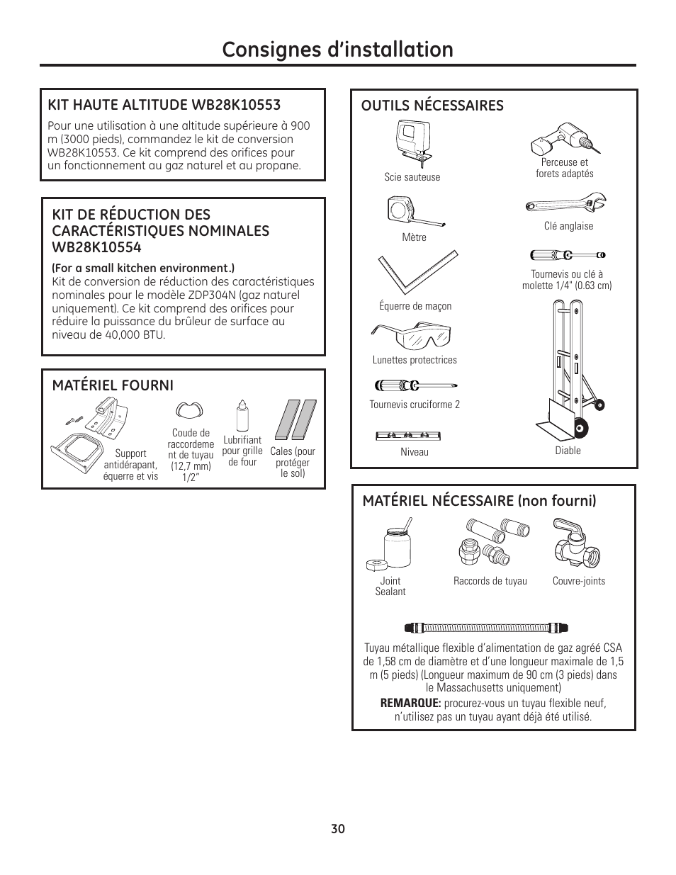 Outils et matériel requis, Consignes d’installation, Matériel nécessaire (non fourni) | Outils nécessaires, Matériel fourni | GE Monogram Range User Manual | Page 30 / 68