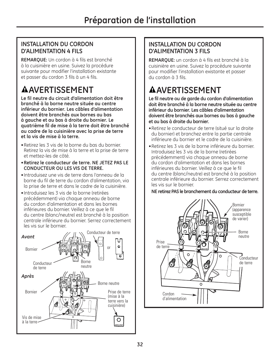 Préparation de l’installation, Avertissement | GE Monogram Range User Manual | Page 32 / 68