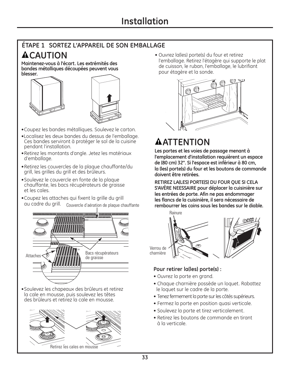 Étape 1, sortez l’appareil de son emballage, Installation, Attention | Caution | GE Monogram Range User Manual | Page 33 / 68