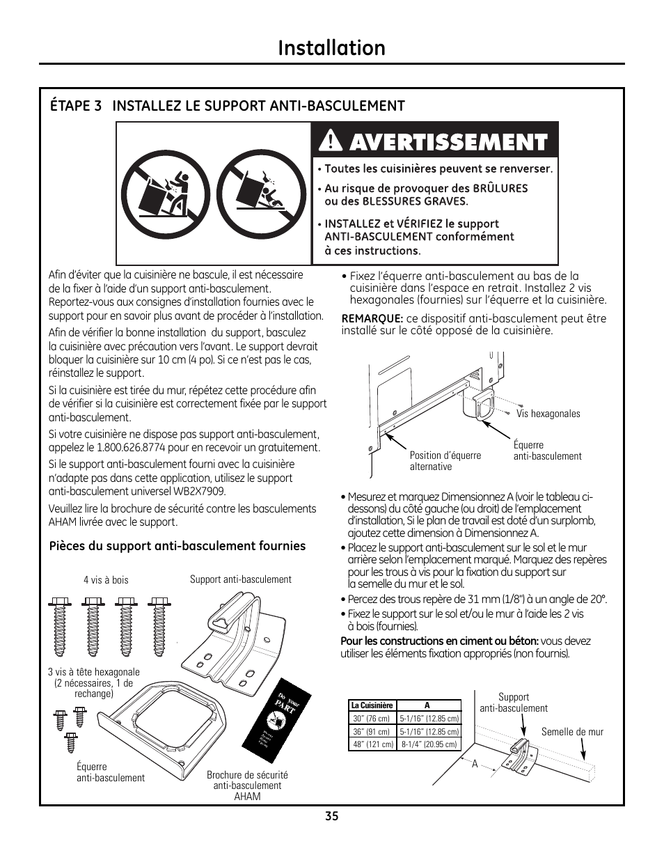 Étape 3, installez le support anti-basculement, Installation, Installez le support anti-basculement étape 3 | GE Monogram Range User Manual | Page 35 / 68