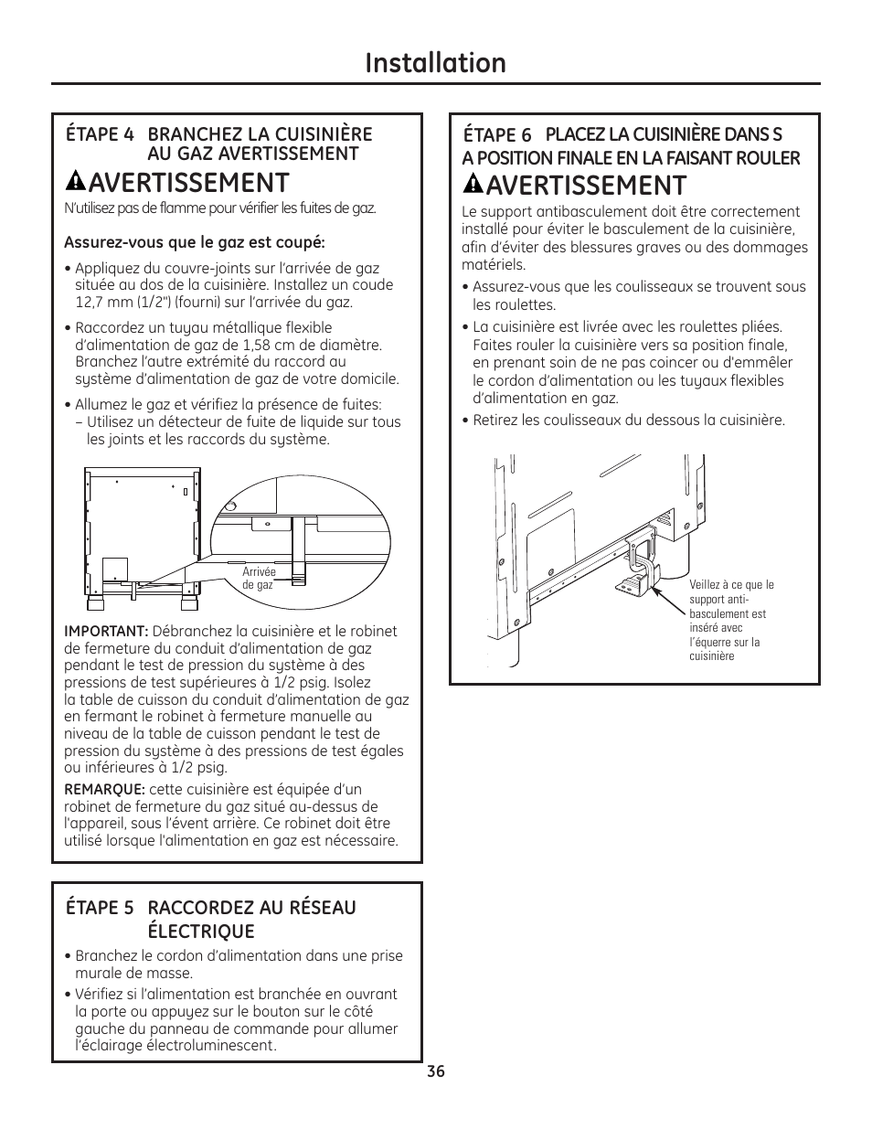 En la faisant rouler, Avertissement, Installation | GE Monogram Range User Manual | Page 36 / 68