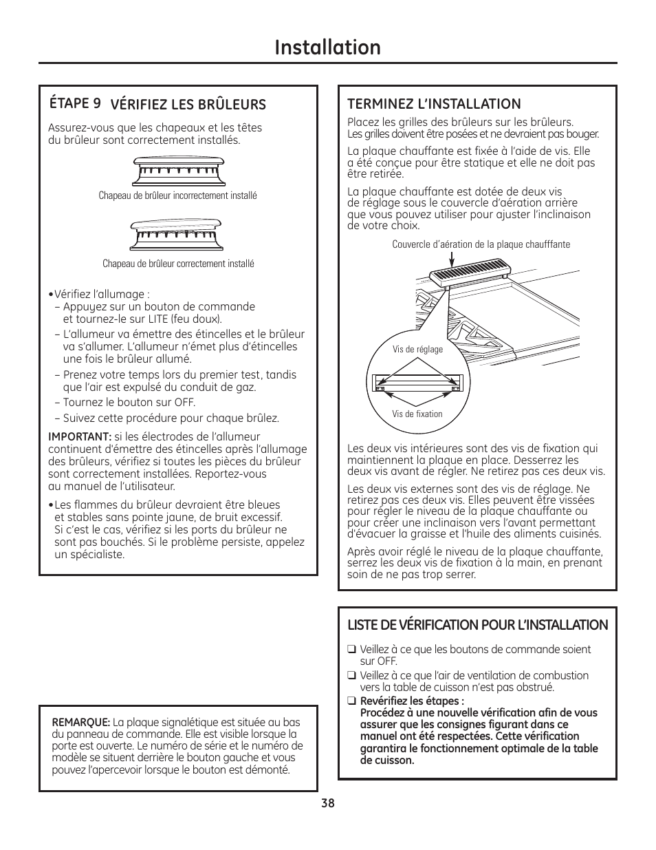 Étape 9, vérifiez les brûleurs, Terminez l’installation, Liste de vérification pour l’installation | Installation, Vérifiez les brûleurs, Étape 9 | GE Monogram Range User Manual | Page 38 / 68