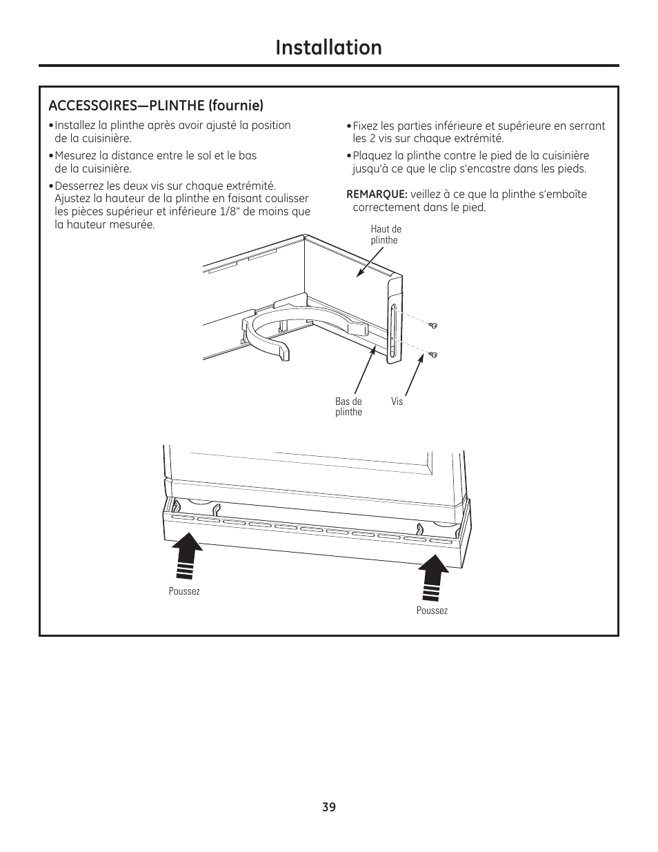 Accessoires, Installation, Accessoires—plinthe (fournie) | GE Monogram Range User Manual | Page 39 / 68