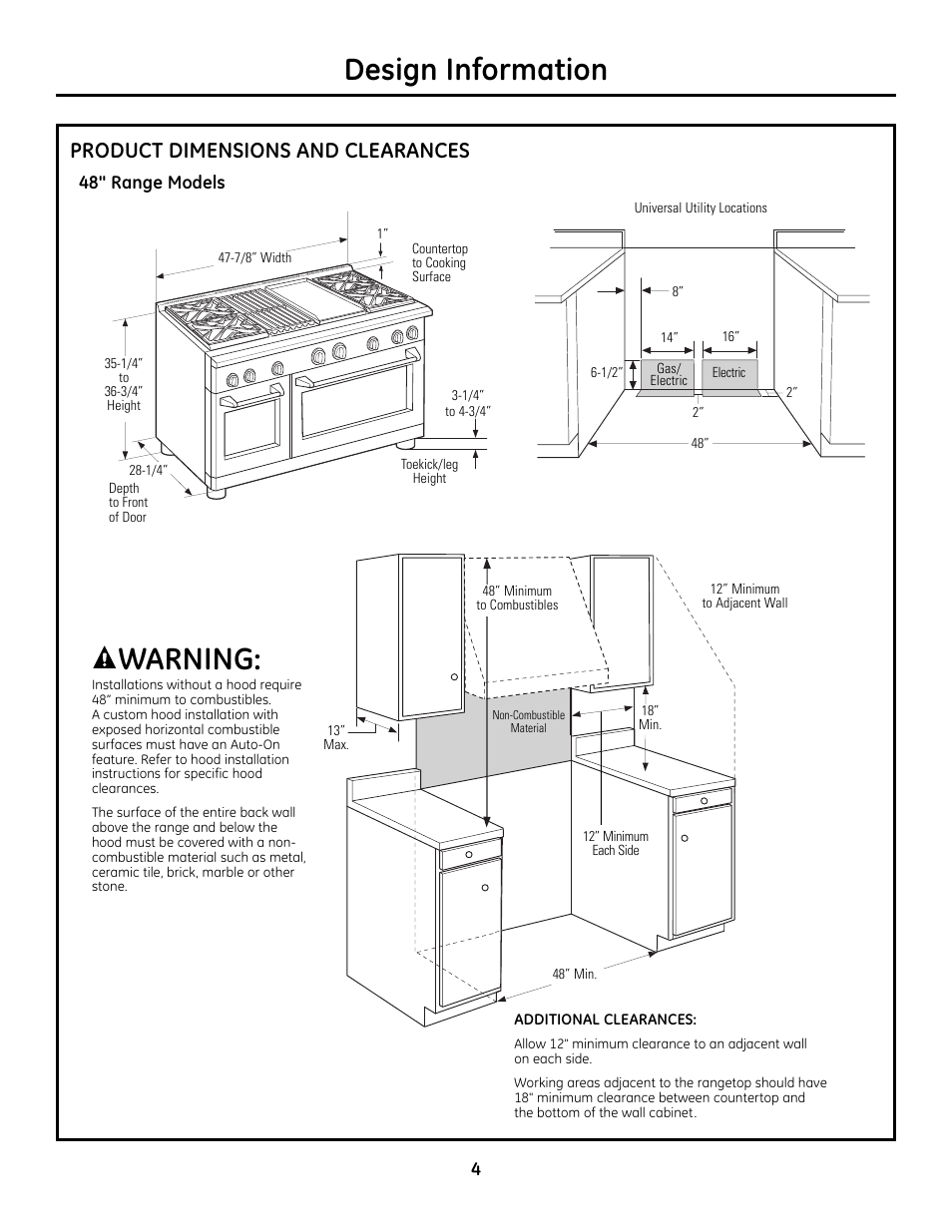 Product dimensions and clearances, Product dimensions and clearances -7, Design information | Warning | GE Monogram Range User Manual | Page 4 / 68