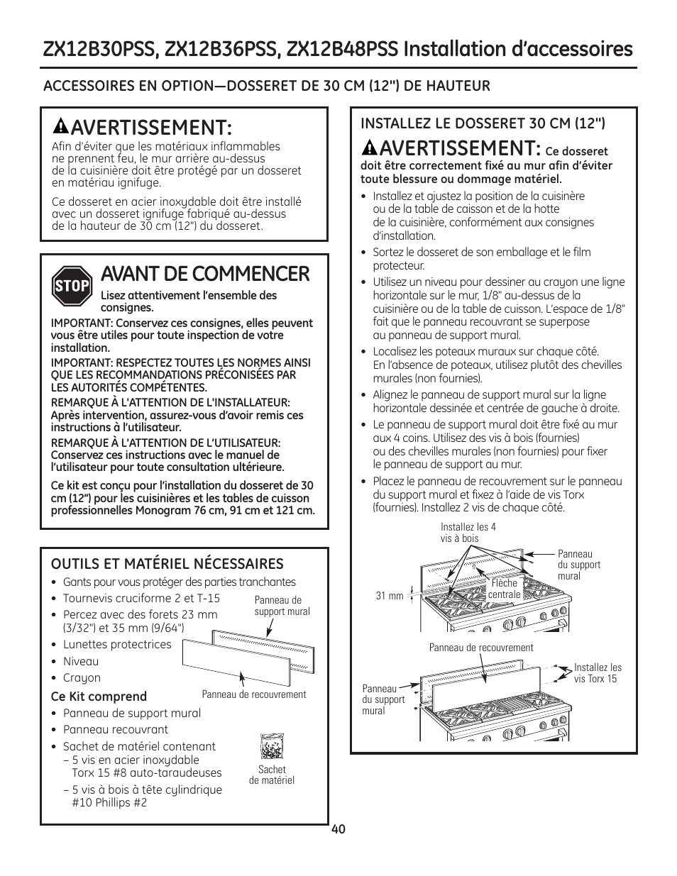 Installation des accessoires, Installation des accessoires –42, Avertissement | Avant de commencer | GE Monogram Range User Manual | Page 40 / 68