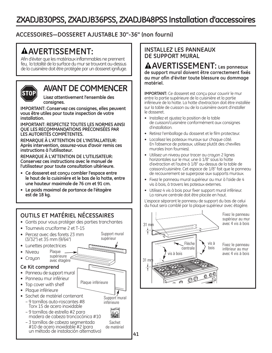 Avertissement, Avant de commencer, Outils et matériel nécessaires | Installez les panneaux de support mural | GE Monogram Range User Manual | Page 41 / 68