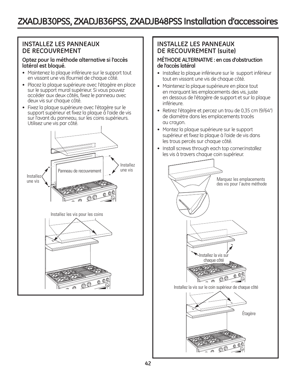 Installez les panneaux de recouvrement (suite), Installez les panneaux de recouvrement | GE Monogram Range User Manual | Page 42 / 68